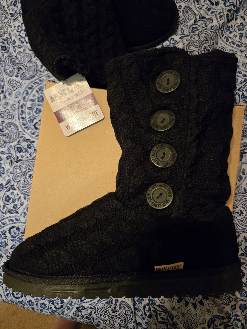 Muk Luks Black Cable Knit Button Mid-Calf Boot